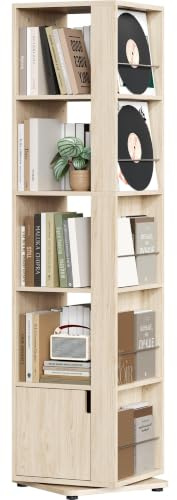 Yaheetech 5-Tier Rotating Bookshelf with Adjustable Shelves, Natural Wood | 360° Rotating Design | Adjustable Shelves | Closed Storage | Square Space-Saving Design | Home Office & Living Room