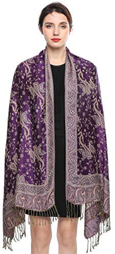 EASE LEAP Écharpe Pashmina pour Femme Châle Paisley Hijab de couleur chaude avec empiècements soyeux et sensation de luxe dans les couleurs vives avec des franges/(15-Violet)