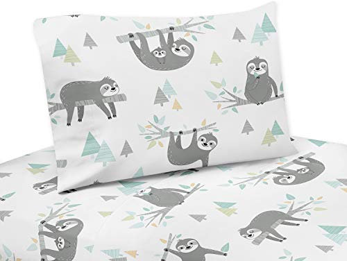 Sweet Jojo Designs Blue and Grey Jungle Sloth Leaf Twin Sheet Set - 3 Piece Set - Turquoise, Gray and Green Botanical Rainforest