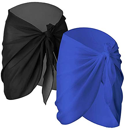 Damen Chiffon Sarong Pareo,2er Pack Sarong Chiffon Strand Frauen Badeanzug Wickelkleid Wickelrock Strandkleid Bikini Cover Up Badeanzug Wickelkleid Rock für Urlaub Schwimmen Schwarz+Blau