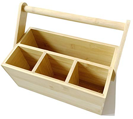 Ecowonder Wooden Cutlery Organiser - Portable Kitchen Storage Caddy - Table Organiser Bar Caddy - Art Box with Handle