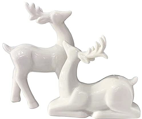 KiaoTime Lot de 2 Mini Figurines de Renne de Noël en Porcelaine - Décoration de Table pour Armoire, cheminée, étagères, cheminée, décoration d'intérieur
