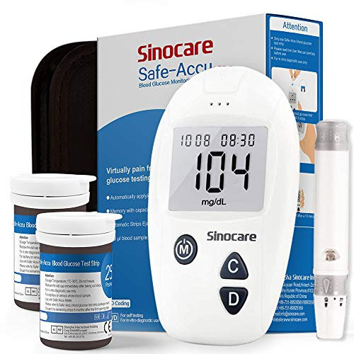 Sinocare Safe-Accu Blood Glucose Meter Kit with 50 Test Strips & Lancets, Fast 10s Results, 200 Memory Storage, ISO Certified Diabetes Monitor with Anti-Interference Technology, 5-Depth Lancing Device