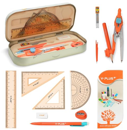 YPLUS Juego de Geometría para Estudiantes, Compas Transportadora de Matemáticas con Regla, Caja de Kit de Transportador para útiles Escolares y Escolares, 12 Piezas