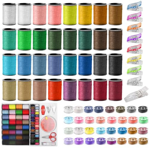 Annyswit 64-Teilig Nähgarn Sortiment Set mit 10 Clips 100% Polyester Nähgarn für Nähmaschine Mix Zufällige Farben Nähfaden Nähmaschinengarn Garnrollen Nähset Nähzubehör für Hand & Anfänger Reisen