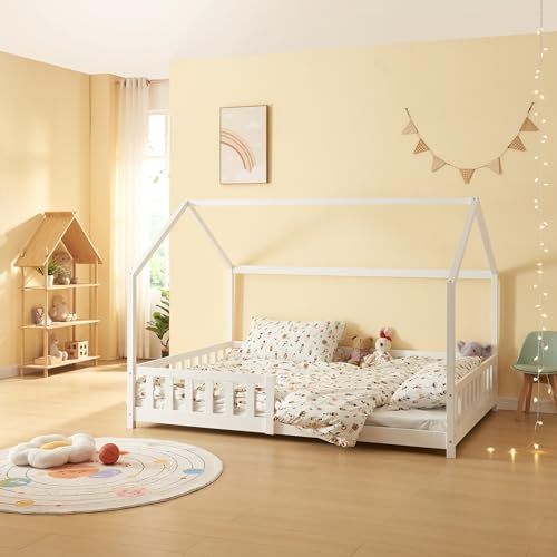 [en.casa] Kinderbett Hesel Hausbett Weiß 120 x 200 cm mit Rausfallschutz und Lattenrost Montessori Bodenbett Jugendbett Holzbett