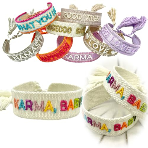 LS-LebenStil Exklusives Statement Armband - das Original - Karma Baby Multi Bunt 16-20cm Quasten besticktes Boho Canvas Webarmband Damen Freundschaftsarmband Geschenk gewebt textil Stoffarmband