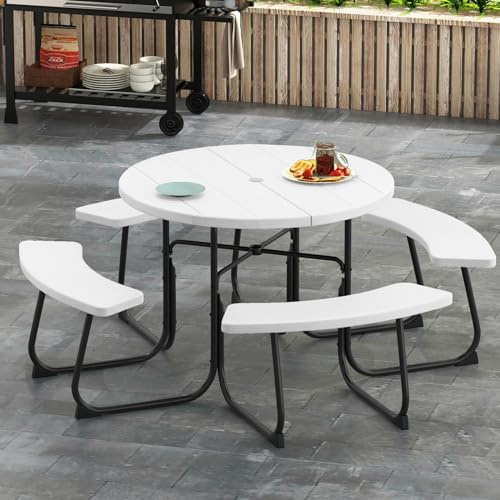GIANTEX Ensemble de meubles de jardin pour 8 personnes, table de jardin ronde avec 4 bancs, table à bière avec trou pour parasol, salon de jardin résistant aux intempéries en polyéthylène haute