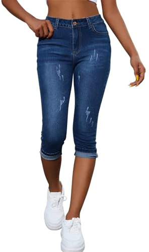Onsoyours Jean Capri Femme Pantacourt Été Taille Haute Jean 3/4 Décontracté Pantacourt Jeans Casual Jeggings Pants Capri Pantacourt B Bleu Foncé S