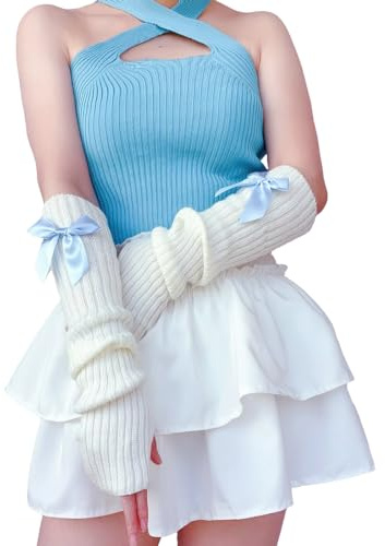 Brexiamin Women Long Y2k Arm Warmers Covers Kawaii Harajuku Fingerless Gloves Gothic Lolita Knitted Arm Sleeve with Thumb Hole (Blue, One Size)