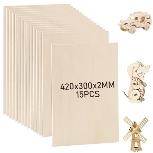 JMIATRY Lot de 15 Plaques de Contreplaqué 420x300x2 mm, Tilleul, Bois, Gravure Laser, Découpe Laser, Bricolage, Artisanat, Modèles, Peintures