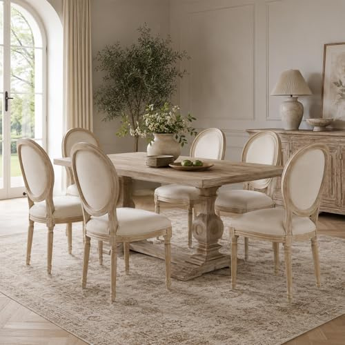 HomeMiYN French Dining Chairs Set of 6 Linen Upholstered Wooden Legs Beige | Oval Back Louis Style Farmhouse Vintage Accent Chair for Kitchen Dining Room