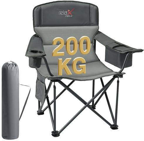 RELAX FIELD Oversized Camping Chair for Adults 200KG with Cup Holder and Cooler Bag, Heavy Duty Extra Wide Folding Camping Chairs for Outdoor Picnic Fishing, Grey