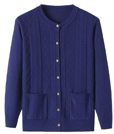 KIJSKKOPO Veste Cardigan Femme,Pulls Cardigans en Tricot Mince pour Personnes D'Âge Moyen Et Âgées, Col Rond Noir Boutonné Manteau en Tricot À Rayures Torsadées en Treillis De Losanges Vestes