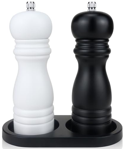 BOCHION Macina Pepe, Macina Sale e Pepe Manuale con Vassoio, Macinapepe Manuale per Legno con Regolabile in Ceramica, Macinino Grande per Pepe e Sale, 2 Pezzi (Bianco e Nero)