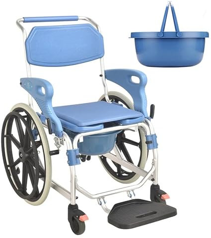 Self Propelled Commode Shower Wheelchair, Commode Toilet Chair with Wheels, Shower Chair with Wheels for Elderly, Transport Chair W/Brake, Weight Capacity 330lbs