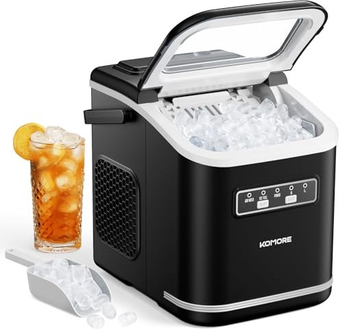 KOMORE Ice Maker with Handle, 2 Sizes of Bullet Ice Maker Machine, 9 Cubes Ready in 6 Mins, 12Kg/24H, Visual Window, Ice Scoop & Basket, Self-Cleaning, Removable Top Cover, Perfect for Home/Office/Bar