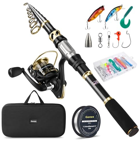 Gonex Canna da Pesca e Mulinello Combo Set di Canne Telescopica con Lenza, Kit di Esche da Pesca e Borsa per Il Trasporto, 2,4