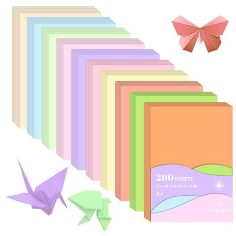 Dagliga skatter 10 färger, 200 ark A4 färgat papper (80 gsm), pastell origami-papper för handgjort, dubbelsidigt utskriftskort för gör-det-själv-konsthantverk, skärning, ritning, manual, kopiering