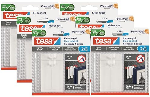 tesa Klebenagel für Tapeten und Putz 2kg - Selbstklebende Nägel für empfindliche Oberflächen - rückstandslos - bis zu 2kg Halteleistung pro Nagel (2x 2kg (6er Pack))