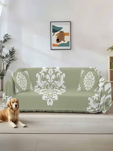 Baroque Sage Green Sofa Cover Blanket Couch Covers for Armchair Cushion,Couch Sofa Silpcover with Tassel,Vintage Damask Classic Floral Living Room Bedroom Throw Towel Blanket Covers M 71x102