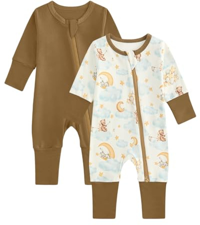 JiAmy 2 Pack Baby Sleepsuits Baby Grows Cotton Two-Way Zip Long Sleeve Footed Pajamas with Mitten Cuffs Newborn Clothes for Boys Girls 0-24 Months