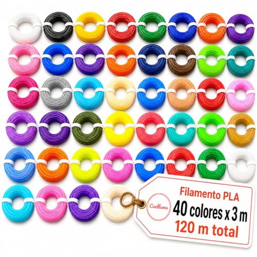 Filamento PLA 1,75 mm para Lápiz 3D con 40 Colores en Bobinas 120 m Totales | 40 bobinas de 3 m para bolígrafos 3D e impresoras compatibles con flujo regular para manualidades dibujos y figuras creativas