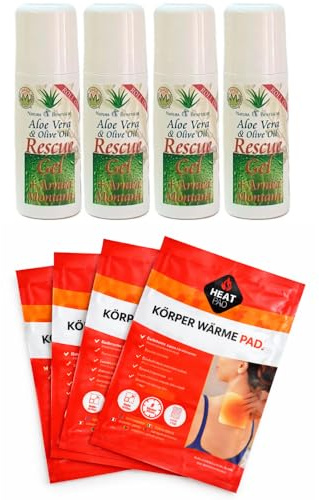Roll On ResCue Gel Aloe Vera Pack Alivio Muscular – 4 Roll-On Aloe Vera Árnica Montana + 4 Parches Térmicos – Gel Refrescante y Calor Terapéutico para Dolor Muscular, Cervicales, Espalda y Articulac