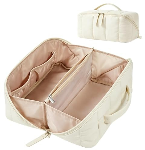 Sminkväska För Kvinnor, Rese Kulturtasche Organizer Med Fack, Stor Med Handtag, Vattentät Bärbar Sminkväska, Cosmetic Bag Öppen, Platt Kulturväska För Toalettartiklar, Penslar, Beige, 9,65 x 5,11 x