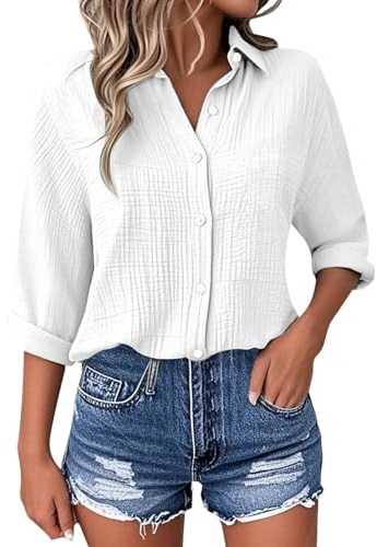 Generisch Camisa de lino para mujer, blusa de verano, cuello en V, manga 3/4, tira de botones, corte holgado, algodón, elegante, informal, informal, blusa de tela, monocolor, básica, A14