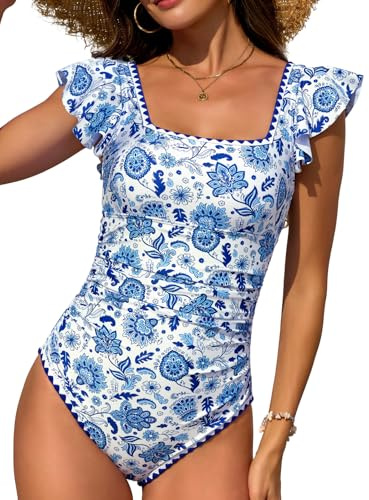 FemiChic dam magkontroll baddräkt i ett stycke med volang, fyrkantig urringning och korsryggsstöd, justerbar höghöftad monokini med push-up och cut-out-detalj för strand och pool, L