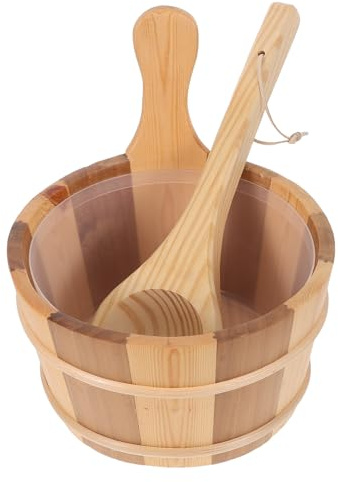 Kisangel 1 Set Secchio da Sauna in Legno con Manico - Mestolo da Doccia in Legno e Rivestimento per Secchio per pediluvio - Accessori per Sauna per Uso Interno