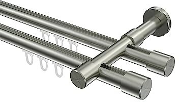 INTERDECO Innenlauf-Gardinenstange 20 mm 2-läufig, moderne Innenlaufstange aus Metall, Edelstahl-Optik, zur Wandmontage, Typ 10213126, 180 cm