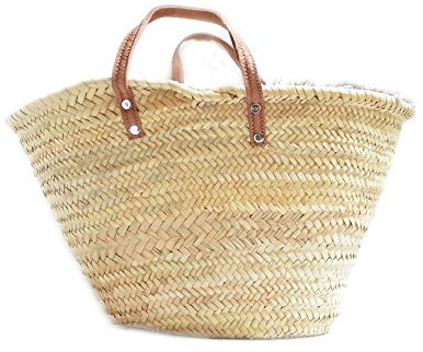 Capazo de Palma básico, cesta de fibras naturales, con asas corta de cuero curtido estilo rústico. Cesto o Bolso de mimbre para la playa (9V, aprox. 48x30 cm)