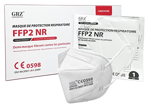 CRAZYCHIC - 20x Masque FFP2 NR Certifié Norme CE EN149 - Masque de Protection Respiratoire - Haute Filtration 5 Couches - Stock France Livraison Rapide - Boîte 20 pièces Blanc