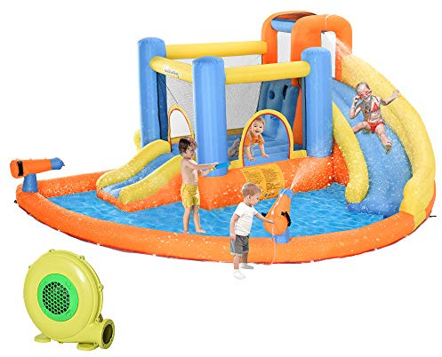 Outsunny Inflatable Water Slide, Kids Bounce House Water Park with Pool, Climbing Wall, Water Cannon, Dual Slides, Trampoline, 5-in-1 Bouncy Castle with Air Blower for Outdoor Indoor Backyard Fun