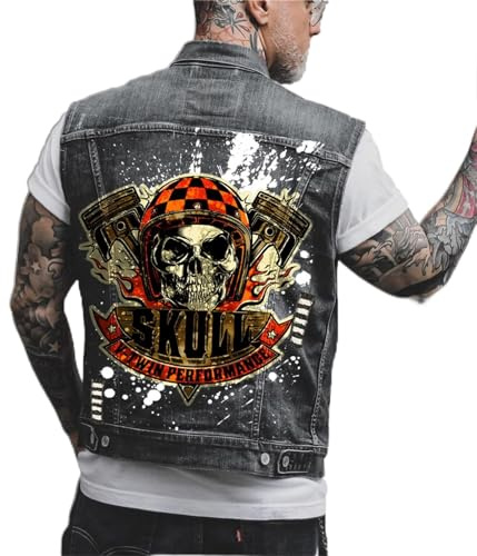 Chaleco de Mezclilla con Calavera Vintage para Hombre, Chaqueta con Estampado de Calavera, Chaleco Vaquero Abotonado para Motocicleta, Chaleco sin Mangas de Vaquero