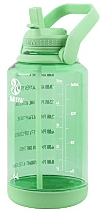 Takeya 64 oz Motivational Water Bottle with Straw Lid with Time Marker, Half Gallon, Premium Quality BPA Free Tritan Plastic, Pistachio Green