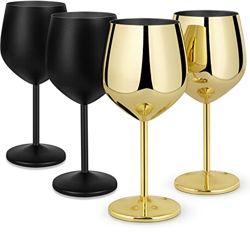 Lifecapido Stainless Steel Wine Glasses Set of 4, 18oz Stainless Steel Wine Goblets, Metal Wine Glasses with Cup Brush for Party Office Wedding Anniversary, Great for Red White Wine, Gold and Black