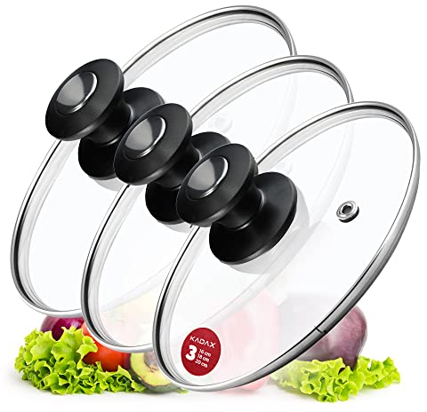 KADAX Juego de tapas universales de cristal con asa, tapas resistentes al calor, juego de tapas de sartenes en diferentes tamaños, tapa de cristal para (16 + 18 + 20 cm, mango negro y plateado)
