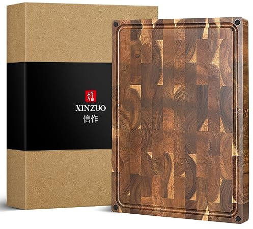XINZUO Large Thick End Grain Acacia Wood Cutting Board- (19''L x 14''W x 1.5''T) Reversible Wooden Chopping Board with Non-Slip Feet, Built-in Handles and Juice Groove- Butcher Block Cutting Board