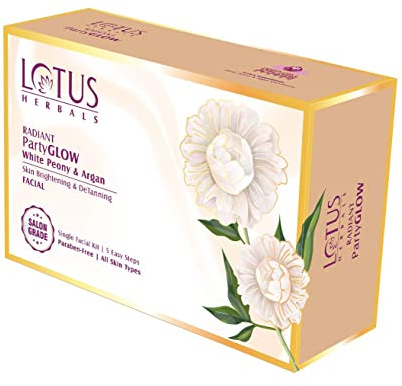Lotus Herbals strålande party glöd vit pion & arganolja hud ljusande, detanning ansiktskit, 5 enkla steg, parabenfri, salongsklass, alla hudtyper 50 g (engångsbruk)