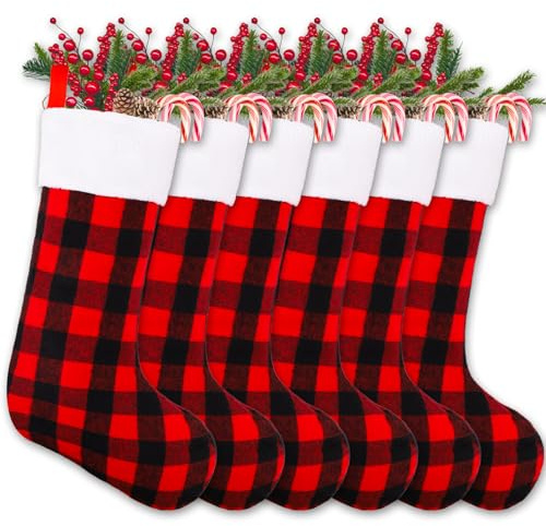 YUJUN 6 Pack 22 Inches Christmas Stockings, Xmas Large Black Red Buffalo Plaid Hanging Stockings Decorations for Christmas Tree Fireplace Family Holiday Party Decor