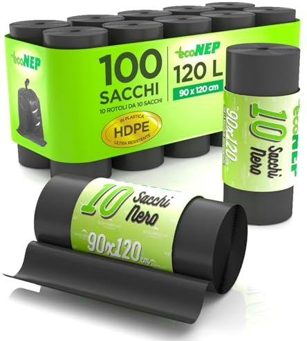 100 Sacchi Neri Grandi Spazzatura in Plastica HDPE ToroDuro 90x120cm 120L Antiforo Ultra Resistenti per Raccolta Rifiuti Pattumiera Condominiale 10 Rotoli a Strappo - 100 Sacchetti