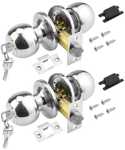 TOVOT 2 Packs Internal Door Handle Locks Round Door Handles with Lock and Keys Stainless Steel Door Knob with Locks Handles Set for 25-45MM Door (2 Pairs (with Keys))