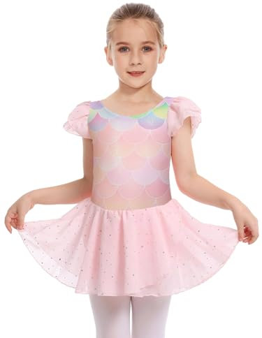 DGSHIRLDJO Mädchen Ballettkleidung Glitzernd Kurzarm Ballettanzug Balletttrikot mit Chiffon Rock Tütü Kinder Tanzkleid Tanzbody 2-12 Jahre (DE/NL/SE/PL, Numerisch, 120, Regular, Rosa)