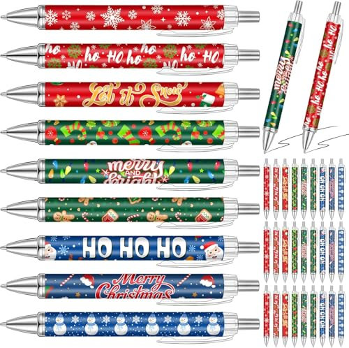 KAHEIGN 45Pcs Christmas Gel Ink Pens, 9 Styles Retractable Ballpoint Pen 14CM Snowman Snowflake Santa Claus Candy Cane Rollerball Pens for Xmas Stocking Fillers Party Favors