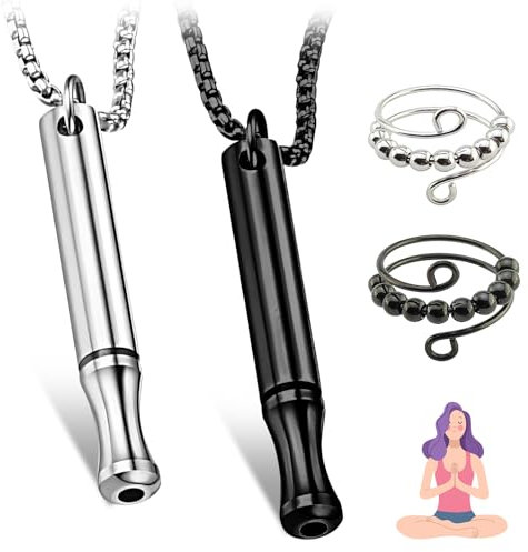 2 Stück Atemkette mit 2 Anxiety Ring,Angst Halskette,Rauchfrei Atemkette,Angst Atemhalskette,Panikattacken Hilfsmittel,Anti Stress Ring,Meditation Relief Stress (Schwarzes,Silber)
