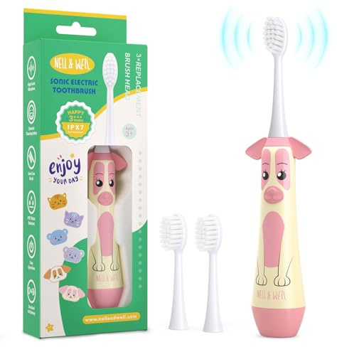 NELL&WELL Brosse à dents électrique pour enfants, minuterie de 2 minutes, 3 modes avec mémoire, étanchéité IPX 7, brosse à dents pour enfants avec 3 têtes à poils souples pour enfants garçons et