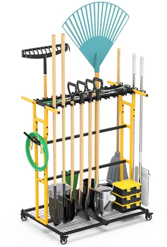 CCCEI Garage Organization with Wheels, Outdoor Gargen Yard Shed Tools Organizer Cart, Home Storage for Cleaning Supplies Organizer, Broom Holder, for Shovel and Rake, Long Farming and Farming Tools.